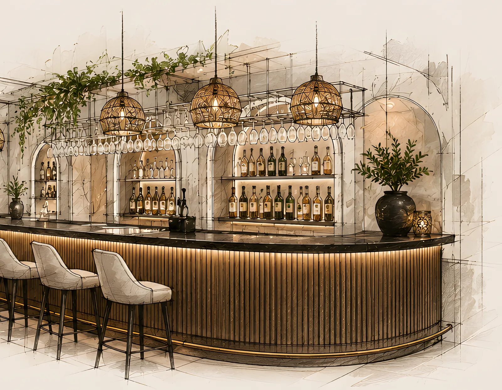 Schetsmatige visualisatie van de gebogen bar met houtlatten, barkrukken en rotan hanglampen