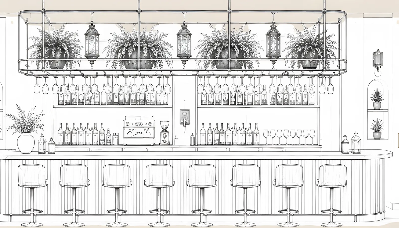 Lijntekening van de bar met hangend rek, planten, lantaarns en barkrukken