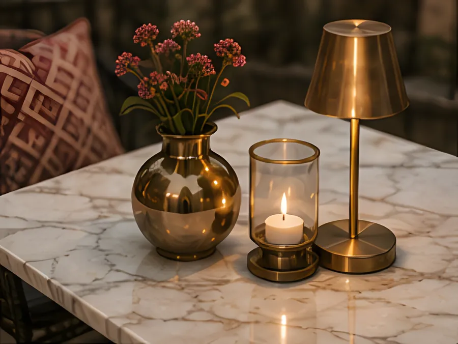 Tafellamp en vaasje met bloemen op marmeren tafel