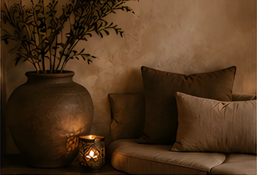 Lounge met kussens, vaas en windlicht
