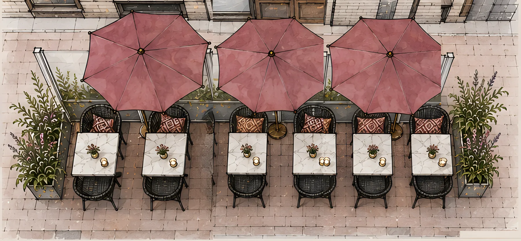 Bovenaanzicht van het terras: drie parasols, zes tafels met kussens en beplanting aan beide zijden