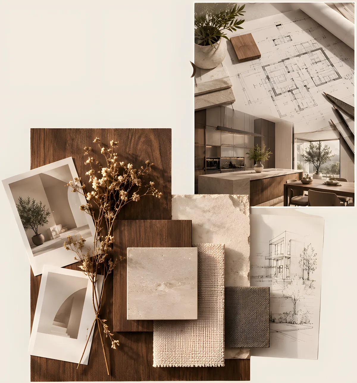 Moodboard met hout, natuursteen en stoffen