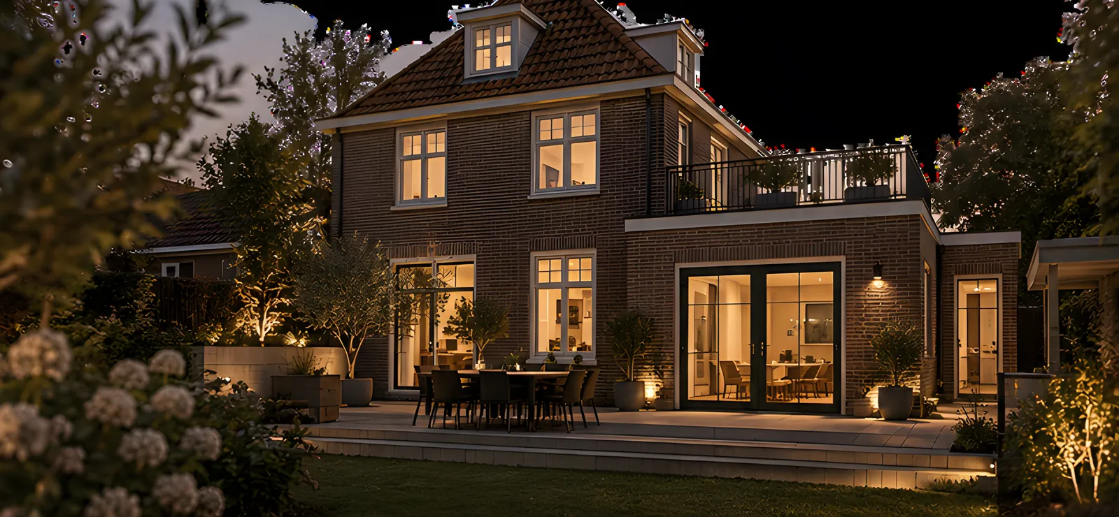 Achterzijde van de woning met de nieuwe uitbreiding in de schemering, 3D-impressie