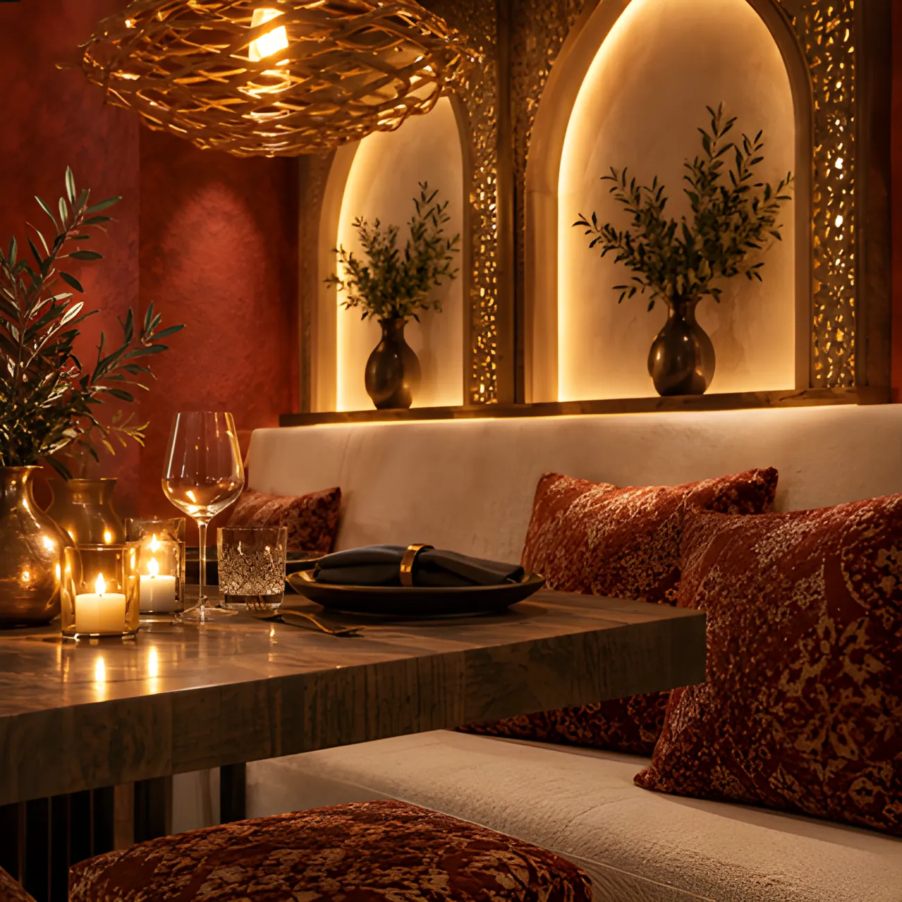 Nis met maatwerkbank en verlichte boog, 3D-visualisatie Amier Restaurant