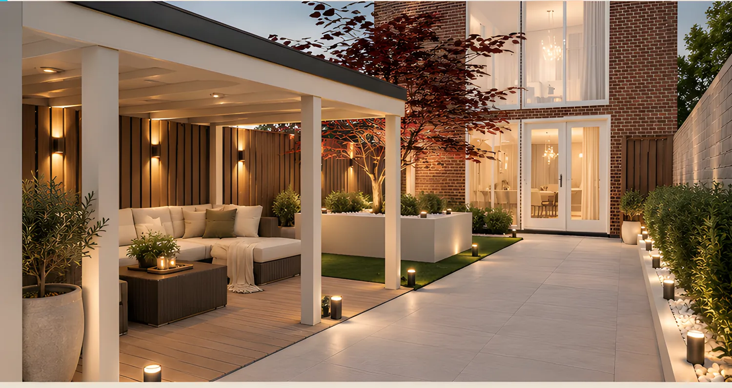 Buitenruimte met overkapping en loungeplek, 3D-visualisatie