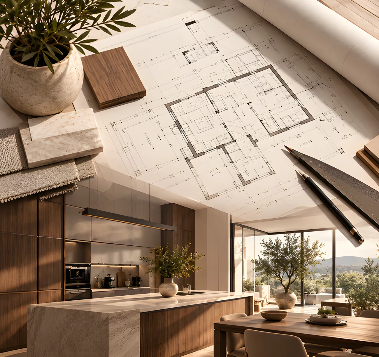 Tekentafel met plattegrond en materiaalstalen