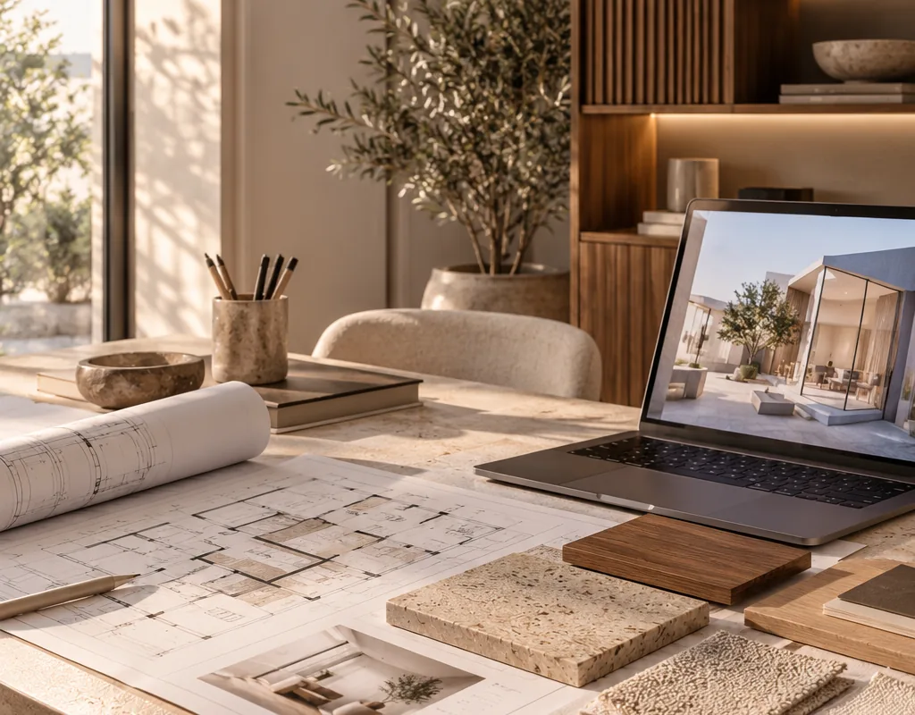 Bureau met plattegronden, laptop en materiaalstalen